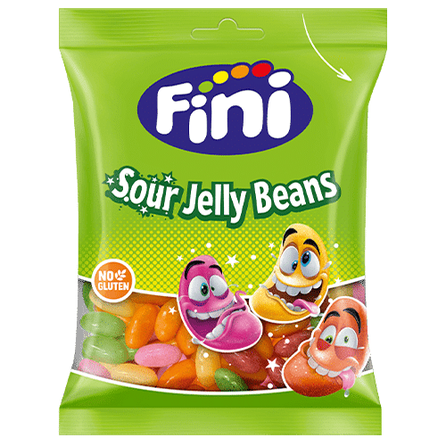 FINI Sour Jelly Beans – vaisių skonio rūgščios želė pupelės iš Ispanijos, 90 g maišelis