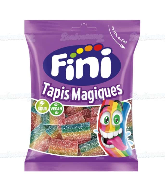 FINI Magic Carpets vaisių juostos – spalvingi ir saldžiarūgštės guminukai iš Ispanijos. Puikus pasirinkimas saldumynų mėgėjams!