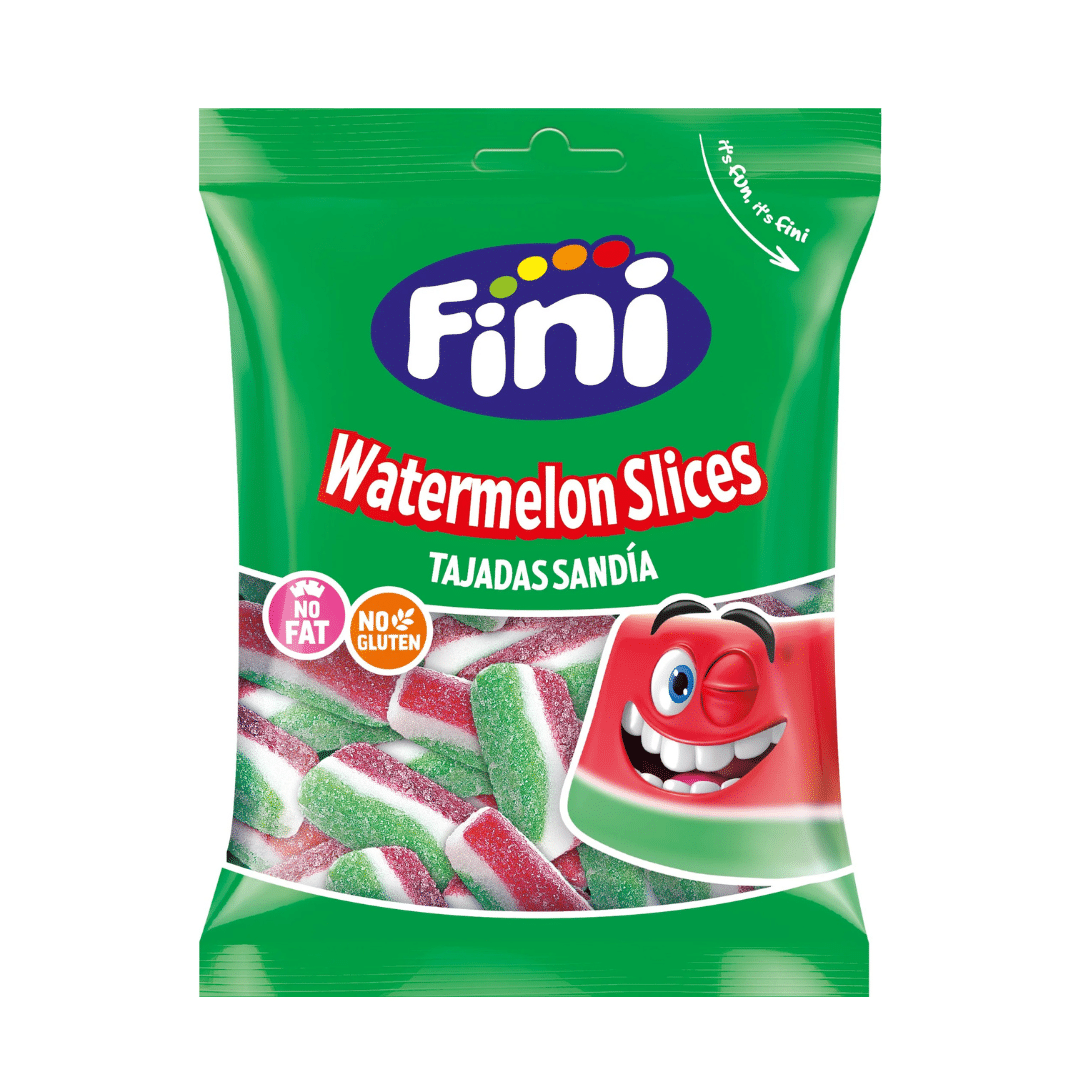 FINI Watermelon Slices 90 g – saldžiarūgščiai arbūzo skonio guminukai iš Ispanijos