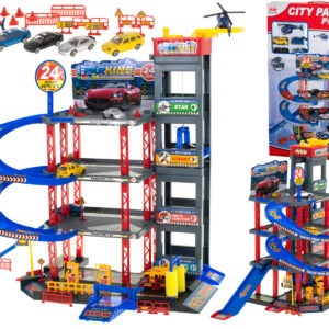 Dviaukštė žaislinė stovėjimo aikštelė su degaline ir automobilių plovykla