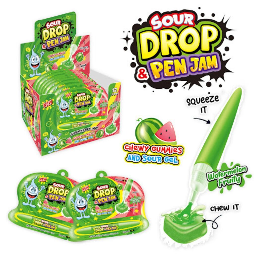 Sour Drop Pen Jam arbūzų skonio guminukai su skystu užpildu 55 g