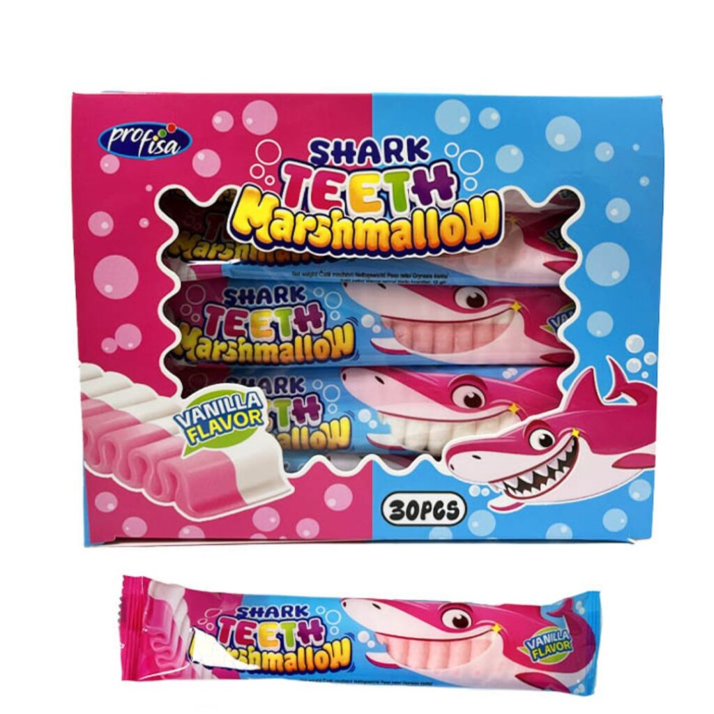 Zefyrai „Shark Teeth“ marshmallow ryklių dantų formos 30 vnt.