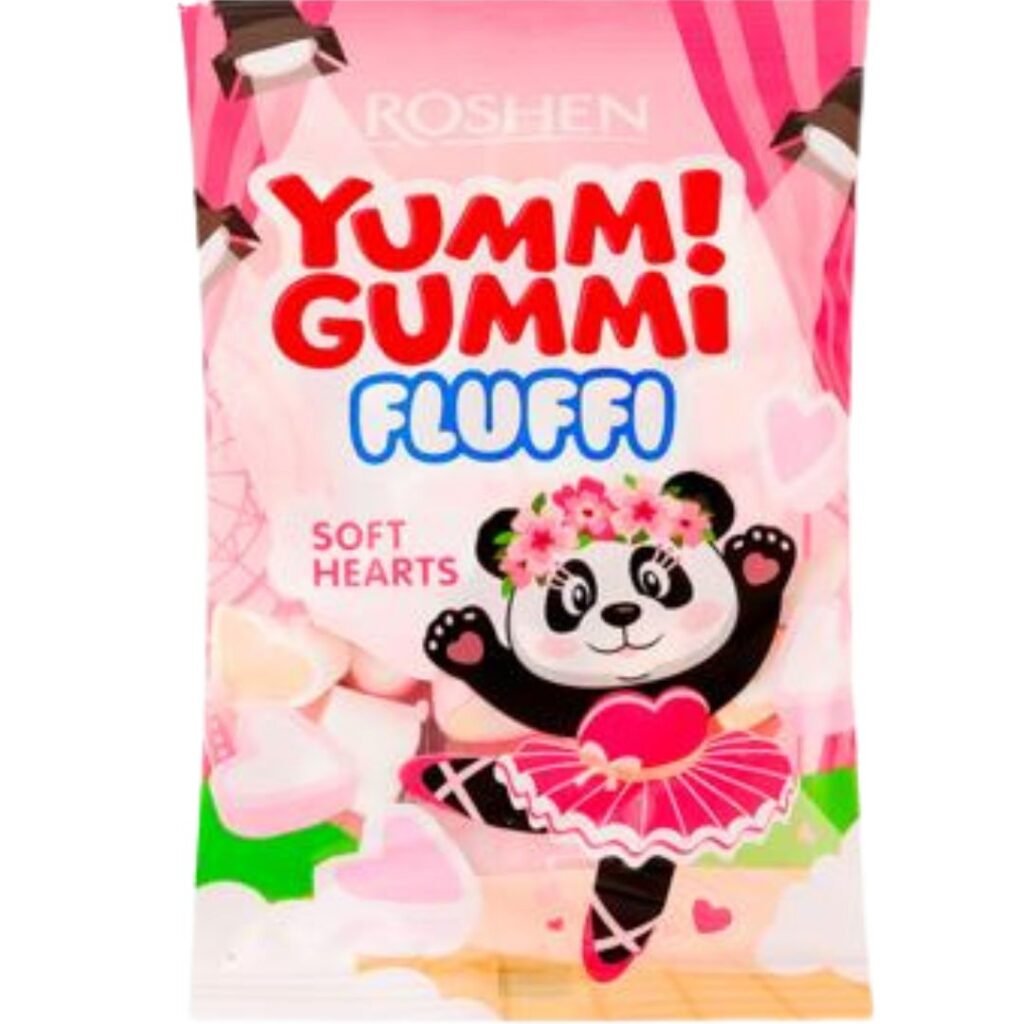 Roshen Yummi Gummi Fluffi Soft Hearts marmeladiniai saldainiai širdelės su braškių, vanilės ir karamelės skoniu, 65 g