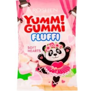 Roshen Yummi Gummi Fluffi Soft Hearts marmeladiniai saldainiai širdelės su braškių, vanilės ir karamelės skoniu, 65 g