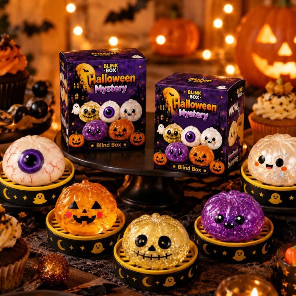 Helovyno squishy koldūnas BLINK BOX Halloween Mystery, antistresinis žaislas staigmena, 8 cm