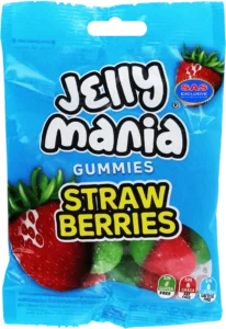 Rūgštūs guminukai JELLY MANIA su braškių skoniu, 100 g