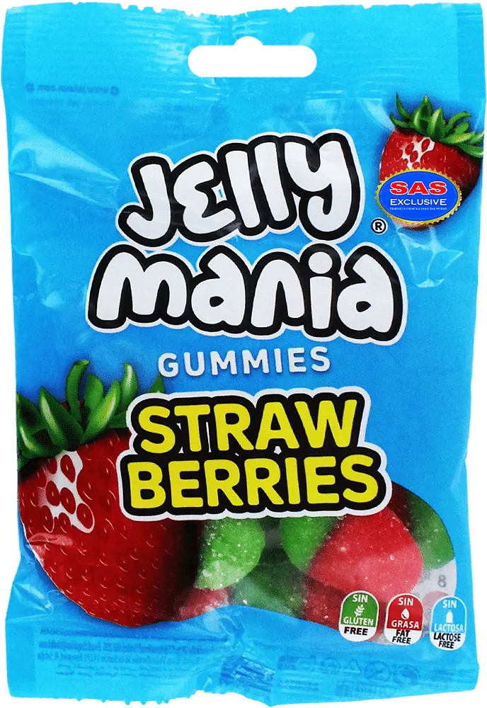 Rūgštūs guminukai JELLY MANIA su braškių skoniu, 100 g